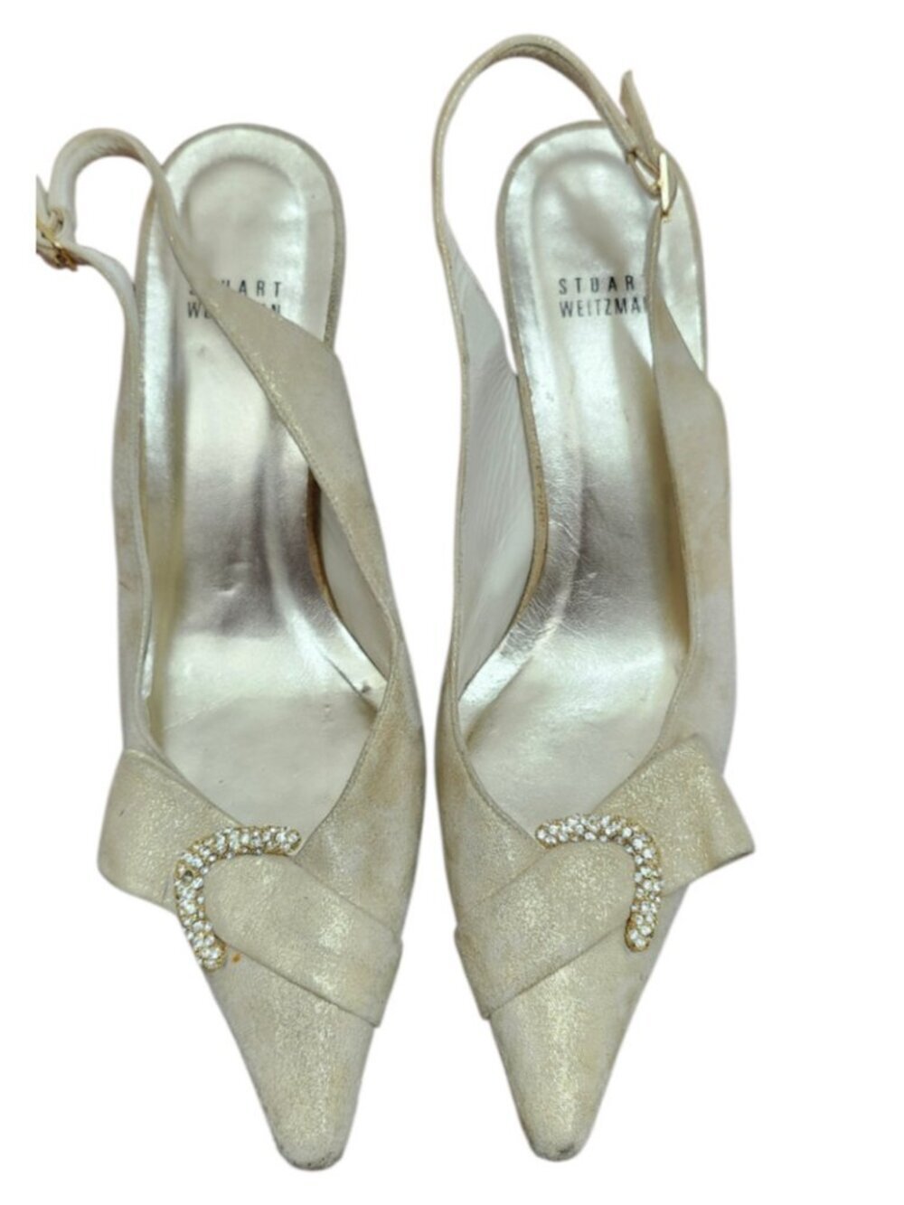 Stuart Weitzman Slingback Heels Beige Suede Rhinestone Buckle Pointed Toe US 8 M - Picture 2 of 12